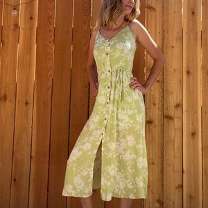 Green and White Sleeveless Floral Dress with buttons and Front Slit